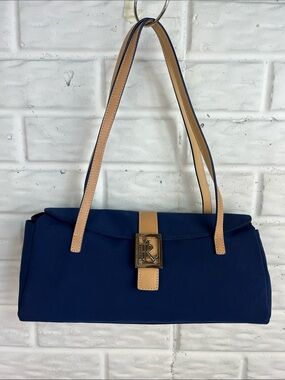 LAUREN RALPH LAUREN VINTAGE BAGUETTE NAVY BLUE NYLON AND LEATHER TRIM BAG